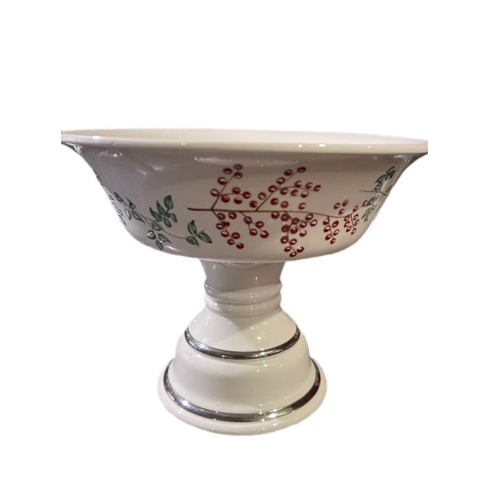 Holly Berries Holiday Ceramic Candle Pedestal Candy Dish Bath & Body Works 6 In
